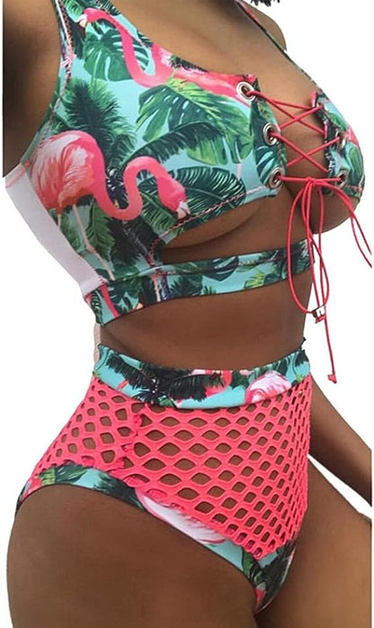 Women's African Print Two Piece Lace up Bikini Set High Cut Thong Swimsuit