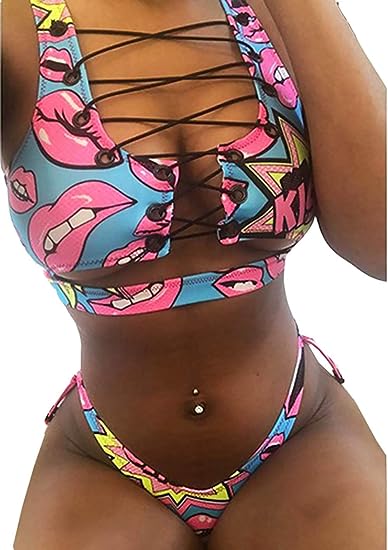 Women's African Print Two Piece Lace up Bikini Set High Cut Thong Swimsuit