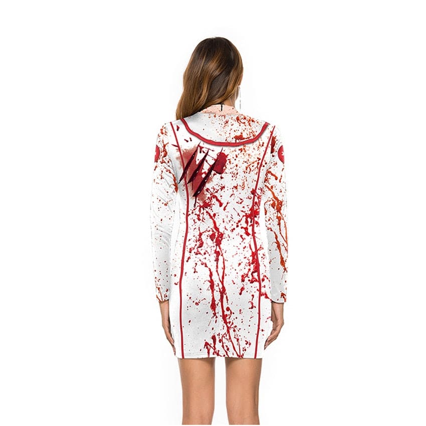 Bloody Nurse Role-play Dress for Women Halloween Scary Horror Cosplay Costumes Sexy Mini Dress Gothic Medieval Clothing