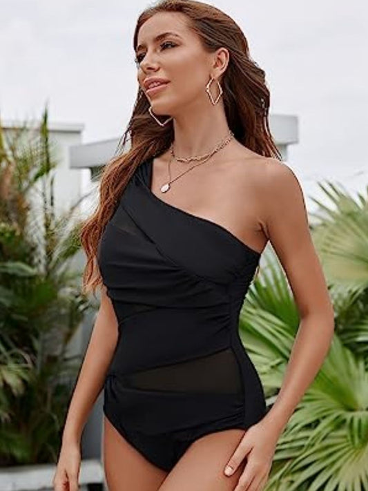 Women's One Piece Swimsuits One Shoulder Plus Size Swimwear Bathing Suit with See Through Mesh Style