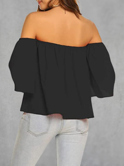 Women Summer Off Shoulder Chiffon Blouses Ruffles Short Sleeves Sexy Tops Casual T Shirts