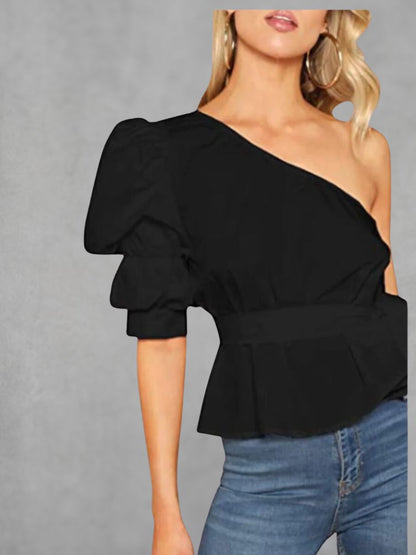 Women's One Shoulder Short Puff Sleeve Self Belted Solid Blouse Top
