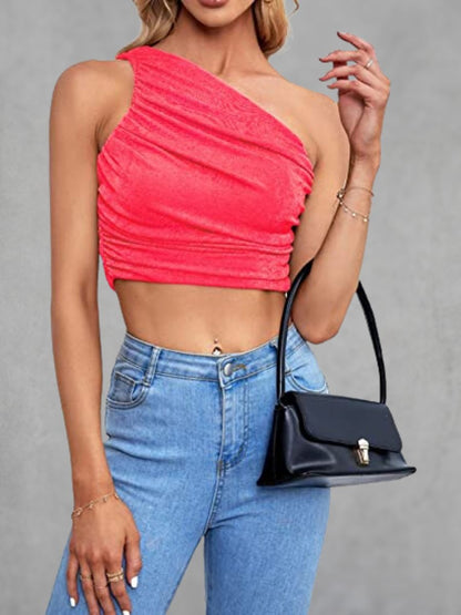 Women's Sexy Ruched One Shoulder Sleeveless Crop Top Strappy Cami Tank
