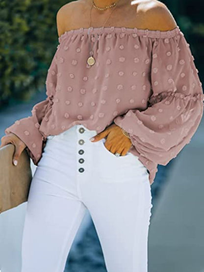 Women’s Tops Summer Chiffon Off The Shoulder Tops Swiss Dot 3/4 Bell Sleeves Casual Blouse Cute Ruffle Tunic Top