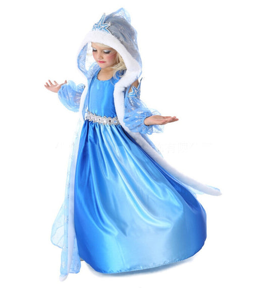 Girls Snow Queen Princess Party Dress Long Hooded Cloak Anna Dress Children Christmas Halloween Costumes Girls Elsa Clothing Set