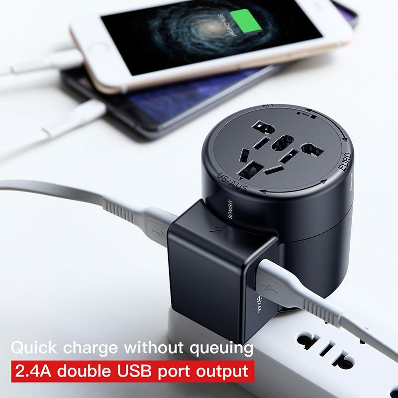 Baseus International Travel Adapter Whirl Universal Travel Wall Charger Plug Dual USB AC Power Adapter Converter