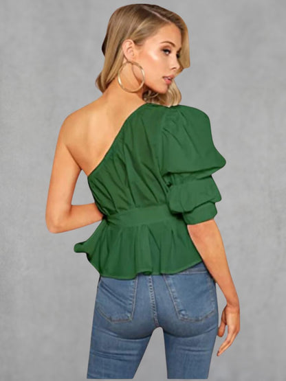 Women's One Shoulder Short Puff Sleeve Self Belted Solid Blouse Top