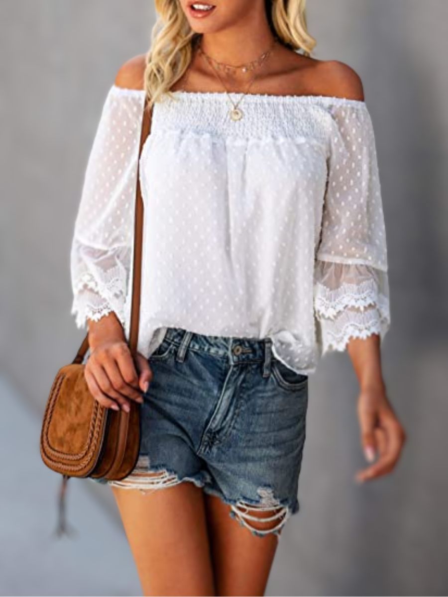 Women’s Summer Off Shoulder Tops Ruffle 3/4 Bell Sleeve Swiss Dot Casual Shirts Blouse