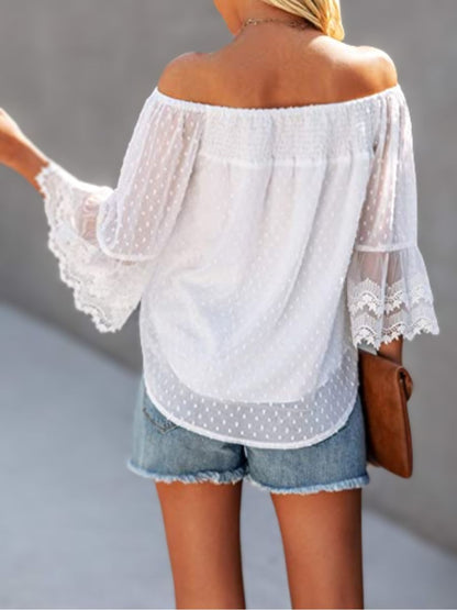 Women’s Summer Off Shoulder Tops Ruffle 3/4 Bell Sleeve Swiss Dot Casual Shirts Blouse