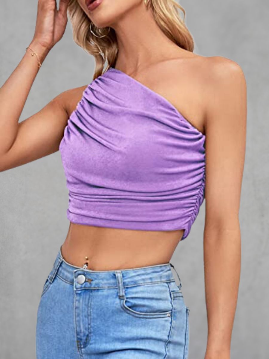 Women's Sexy Ruched One Shoulder Sleeveless Crop Top Strappy Cami Tank