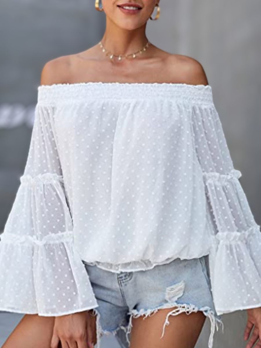 Women’s Tops Summer Chiffon Off The Shoulder Tops Swiss Dot 3/4 Bell Sleeves Casual Blouse Cute Ruffle Tunic Top