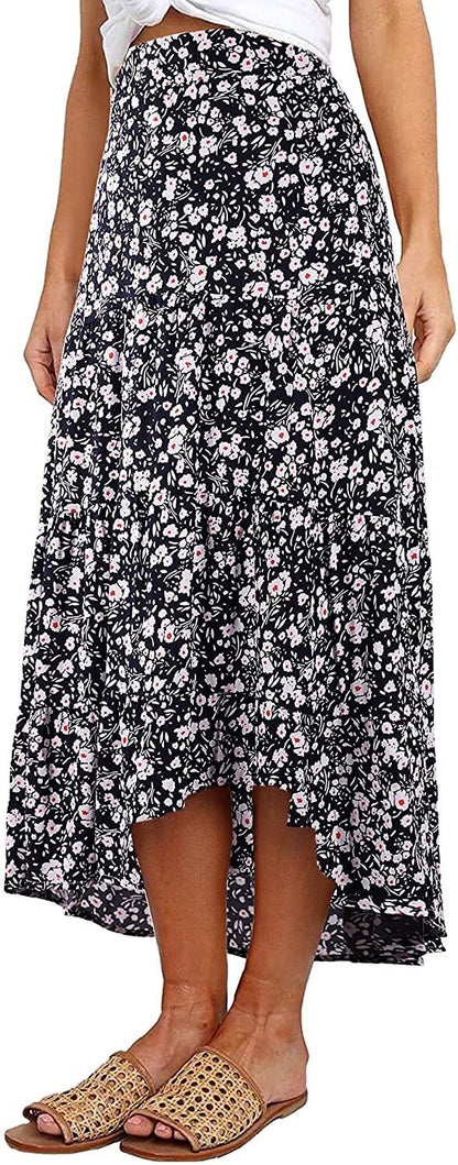 PRETTYGARDEN Ditzy Floral Skirt Midi Boho Elastic High Waist Skirt A-line Long Vintage Skirts for Women Pleated Skirt - beandbuy