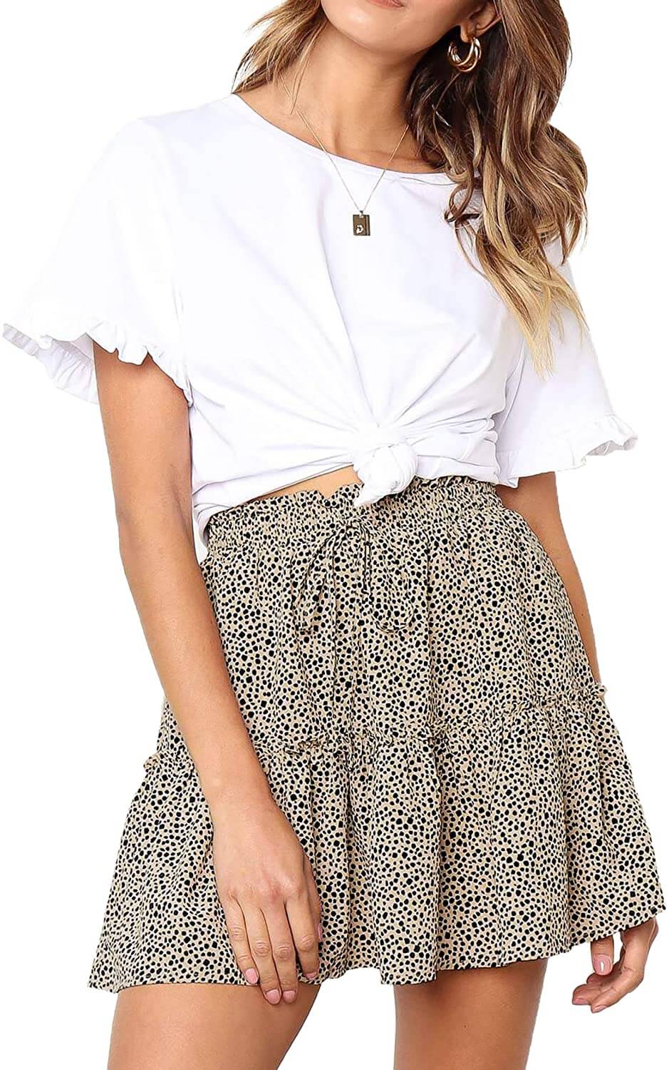 Relipop Women's Floral Flared Short Skirt Polka Dot Pleated Mini Skater Skirt with Drawstring - beandbuy