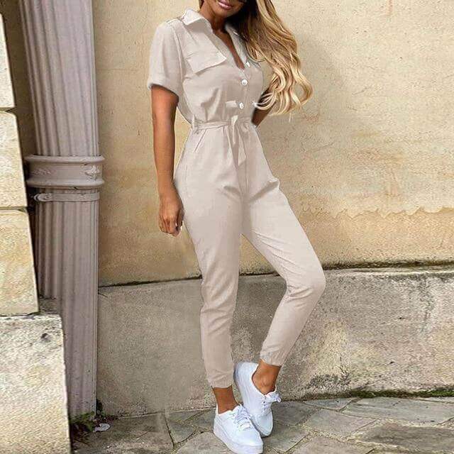 Stylish overalls for women with deep collar buttons - beandbuy