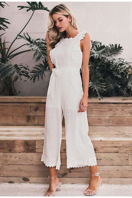 Elegant overalls for women cotton long pants sleeveless top floral style - beandbuy
