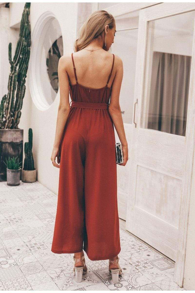 Red jumpsuit sexy women's high quality elegant sleeveless long pants without sleeves - beandbuy