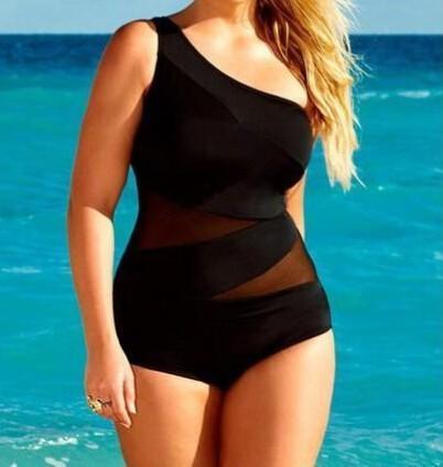Swimsuits Plus Size One Piece Black Mesh Sexy One Shoulder - beandbuy